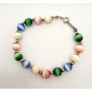 Sterling Silver 925 Multicolor Beaded Bracelet With Vintage Style Clasp 7 in